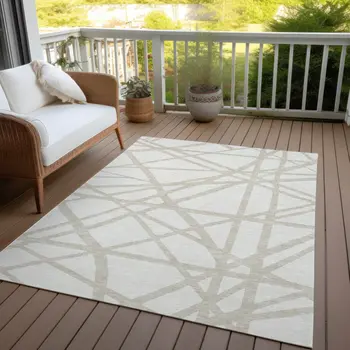 9' X 12' Ivory And Beige Geometric Washable Indoor Outdoor Area Rug