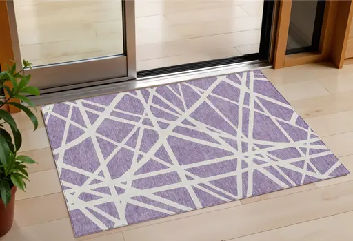 3' X 5' Lavender And Ivory Geometric Washable Indoor Outdoor Area Rug