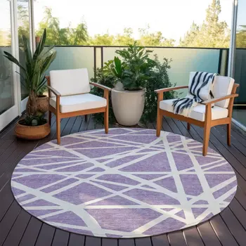 8' Lavender And Ivory Round Geometric Washable Indoor Outdoor Area Rug