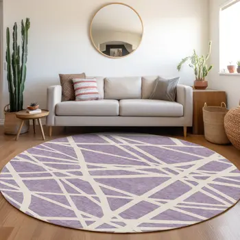 8' Lavender And Ivory Round Geometric Washable Indoor Outdoor Area Rug