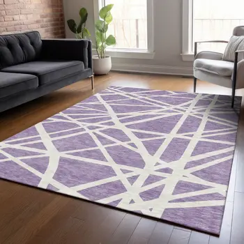 8' X 10' Lavender And Ivory Geometric Washable Indoor Outdoor Area Rug