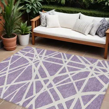 9' X 12' Lavender And Ivory Geometric Washable Indoor Outdoor Area Rug