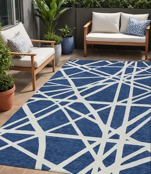 5' X 8' Navy Blue And Ivory Geometric Washable Indoor Outdoor Area Rug
