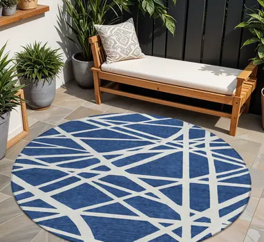 8' Navy Blue And Ivory Round Geometric Washable Indoor Outdoor Area Rug