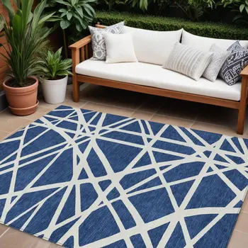 8' X 10' Navy Blue And Ivory Geometric Washable Indoor Outdoor Area Rug