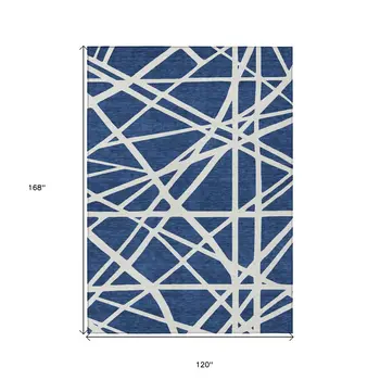 10' X 14' Navy Blue And Ivory Geometric Washable Indoor Outdoor Area Rug