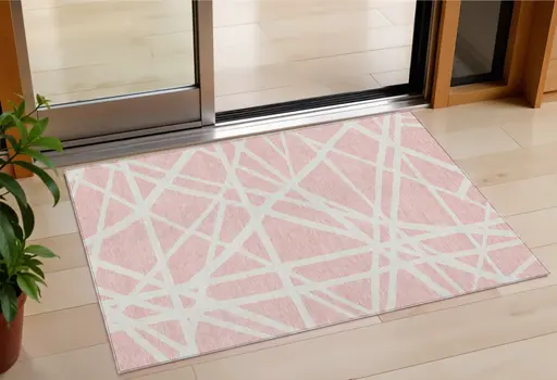 3' X 5' Pink And Gray Geometric Washable Indoor Outdoor Area Rug