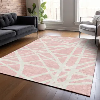 3' X 5' Pink And Gray Geometric Washable Indoor Outdoor Area Rug