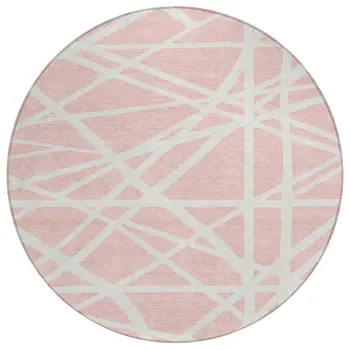 8' Pink And Gray Round Geometric Washable Indoor Outdoor Area Rug