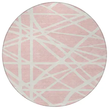 8' Pink And Gray Round Geometric Washable Indoor Outdoor Area Rug