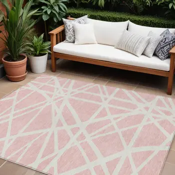 10' X 14' Pink And Gray Geometric Washable Indoor Outdoor Area Rug