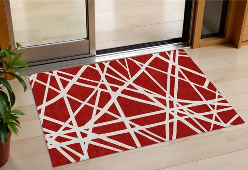 3' X 5' Red And Ivory Geometric Washable Indoor Outdoor Area Rug