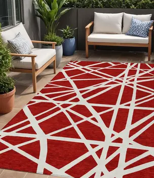 5' X 8' Red And Ivory Geometric Washable Indoor Outdoor Area Rug