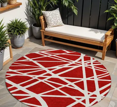 8' Red And Ivory Round Geometric Washable Indoor Outdoor Area Rug