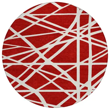 8' Red And Ivory Round Geometric Washable Indoor Outdoor Area Rug