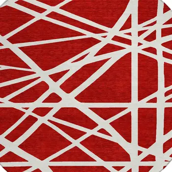 8' Red And Ivory Round Geometric Washable Indoor Outdoor Area Rug