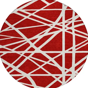 8' Red And Ivory Round Geometric Washable Indoor Outdoor Area Rug