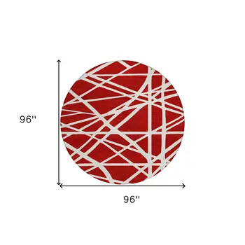 8' Red And Ivory Round Geometric Washable Indoor Outdoor Area Rug