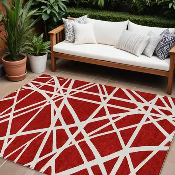 10' X 14' Red And Ivory Geometric Washable Indoor Outdoor Area Rug