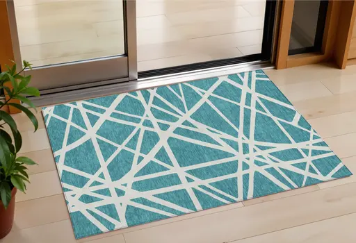 3' X 5' Teal Blue And Ivory Geometric Washable Indoor Outdoor Area Rug