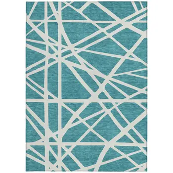 5' X 8' Teal Blue And Ivory Geometric Washable Indoor Outdoor Area Rug