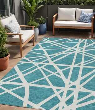 5' X 8' Teal Blue And Ivory Geometric Washable Indoor Outdoor Area Rug