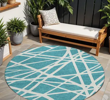 8' Teal Blue And Ivory Round Geometric Washable Indoor Outdoor Area Rug