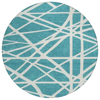 8' Teal Blue And Ivory Round Geometric Washable Indoor Outdoor Area Rug