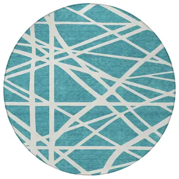 8' Teal Blue And Ivory Round Geometric Washable Indoor Outdoor Area Rug