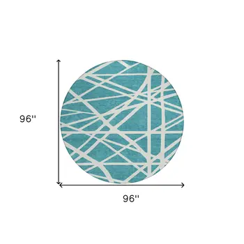 8' Teal Blue And Ivory Round Geometric Washable Indoor Outdoor Area Rug