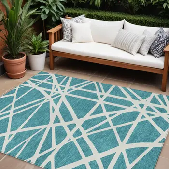 10' X 14' Teal Blue And Ivory Geometric Washable Indoor Outdoor Area Rug