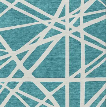 10' X 14' Teal Blue And Ivory Geometric Washable Indoor Outdoor Area Rug