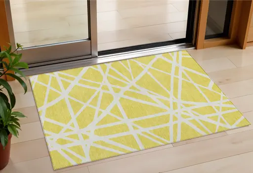 3' X 5' Yellow And Linen Geometric Washable Indoor Outdoor Area Rug