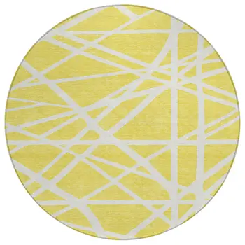 8' Yellow And Linen Round Geometric Washable Indoor Outdoor Area Rug