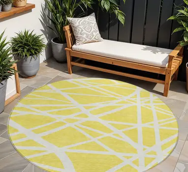 8' Yellow And Linen Round Geometric Washable Indoor Outdoor Area Rug
