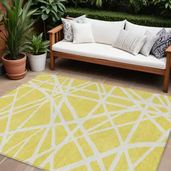 8' X 10' Yellow And Linen Geometric Washable Indoor Outdoor Area Rug