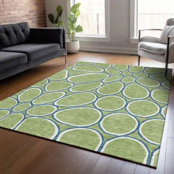 3' X 5' Artichoke Green And Ivory Abstract Washable Indoor Outdoor Area Rug