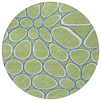 8' Artichoke Green And Ivory Round Abstract Washable Indoor Outdoor Area Rug