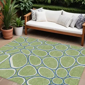 8' X 10' Artichoke Green And Ivory Abstract Washable Indoor Outdoor Area Rug