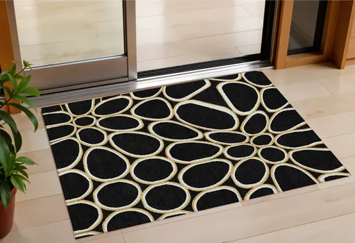 3' X 5' Black Ivory And Beige Abstract Washable Indoor Outdoor Area Rug