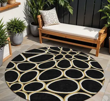 8' Black Ivory And Beige Round Abstract Washable Indoor Outdoor Area Rug