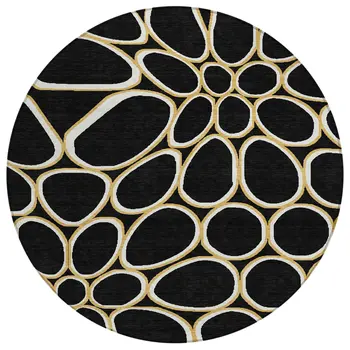 8' Black Ivory And Beige Round Abstract Washable Indoor Outdoor Area Rug