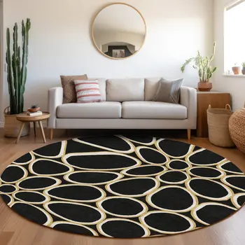 8' Black Ivory And Beige Round Abstract Washable Indoor Outdoor Area Rug