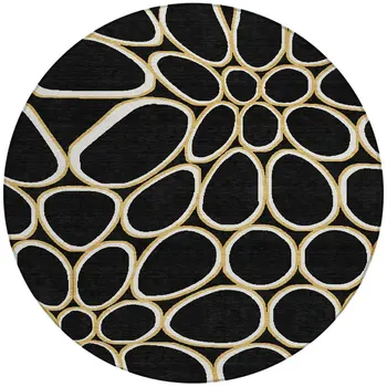 8' Black Ivory And Beige Round Abstract Washable Indoor Outdoor Area Rug