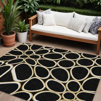 9' X 12' Black Ivory And Beige Abstract Washable Indoor Outdoor Area Rug