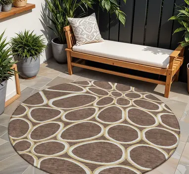 8' Black Ivory And Beige Round Abstract Washable Indoor Outdoor Area Rug