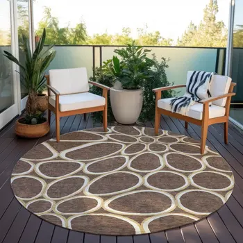 8' Black Ivory And Beige Round Abstract Washable Indoor Outdoor Area Rug