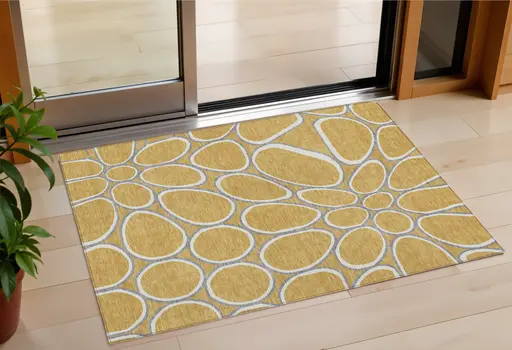 3' X 5' Gold Gray And Ivory Abstract Washable Indoor Outdoor Area Rug