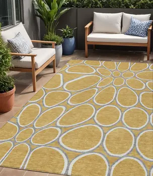 5' X 8' Gold Gray And Ivory Abstract Washable Indoor Outdoor Area Rug