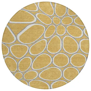 8' Gold Gray And Ivory Round Abstract Washable Indoor Outdoor Area Rug
